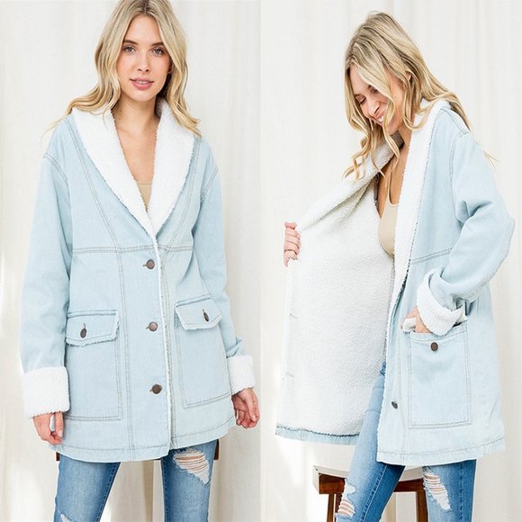 Southwestern Faux Shearling Blue Washed Denim Jean Mid Sherpa Jacket CoatJ4411